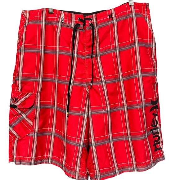 Hurley Red Plaid Board Shorts Swim Trunks 36 - Picture 1 of 5